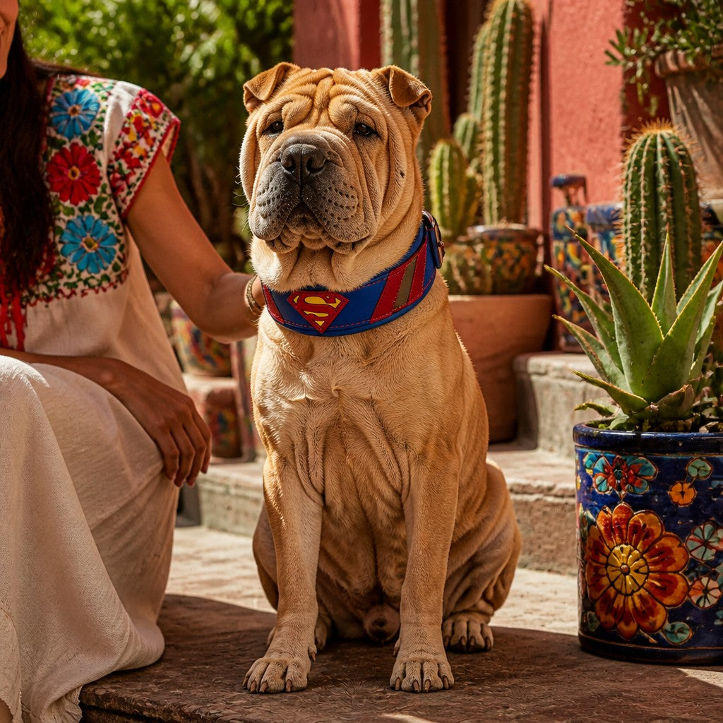 Collar de cuero azul para perros MITZON con logo inspirado en superhéroes - Shar-Pei frente a cactus
