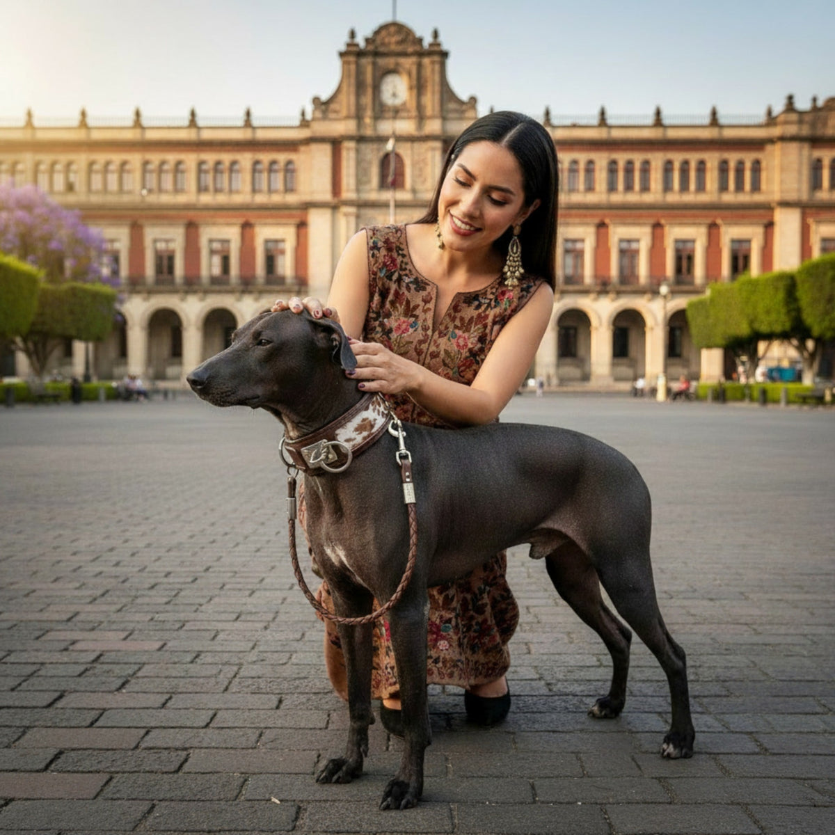 Femme caressant un chien portant un collier en cuir MITZON Buffalo marron foncé avec motif unique sur une place