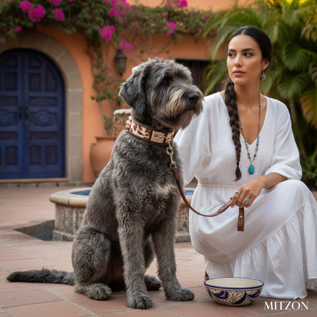 Collier pour chien MITZON Buffalo en cuir marron avec motif unique et rembourrage orthopédique porté par un grand chien