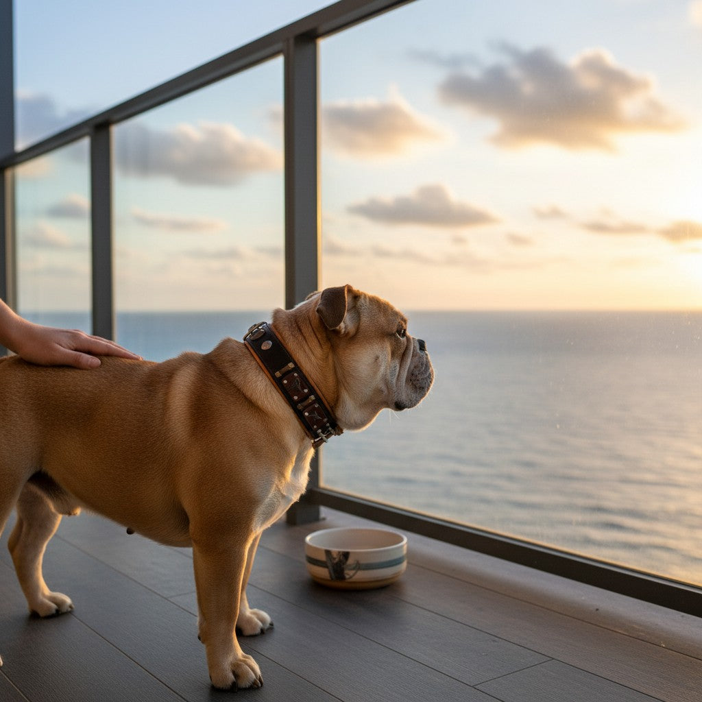 Chien bouledogue portant un collier en cuir MITZON Hunter avec rivets en laiton sur un balcon au coucher du soleil