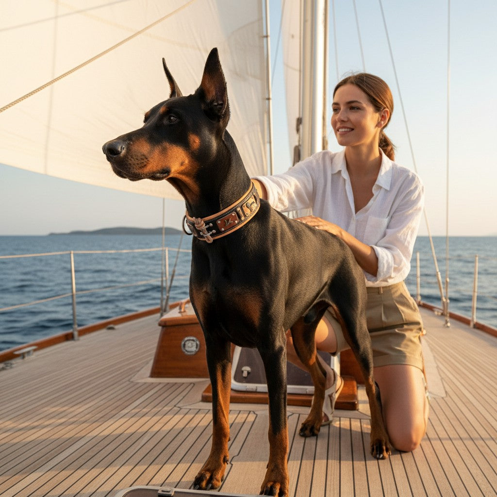 Chien Doberman portant le collier en cuir MITZON Hunter avec rivets en laiton sur un voilier avec sa propriétaire