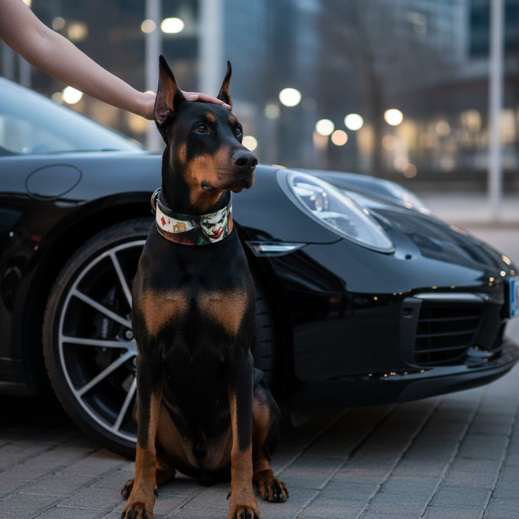 Collier pour chien MITZON en cuir véritable avec motif Joker, rembourré et confortable, porté par un Doberman.