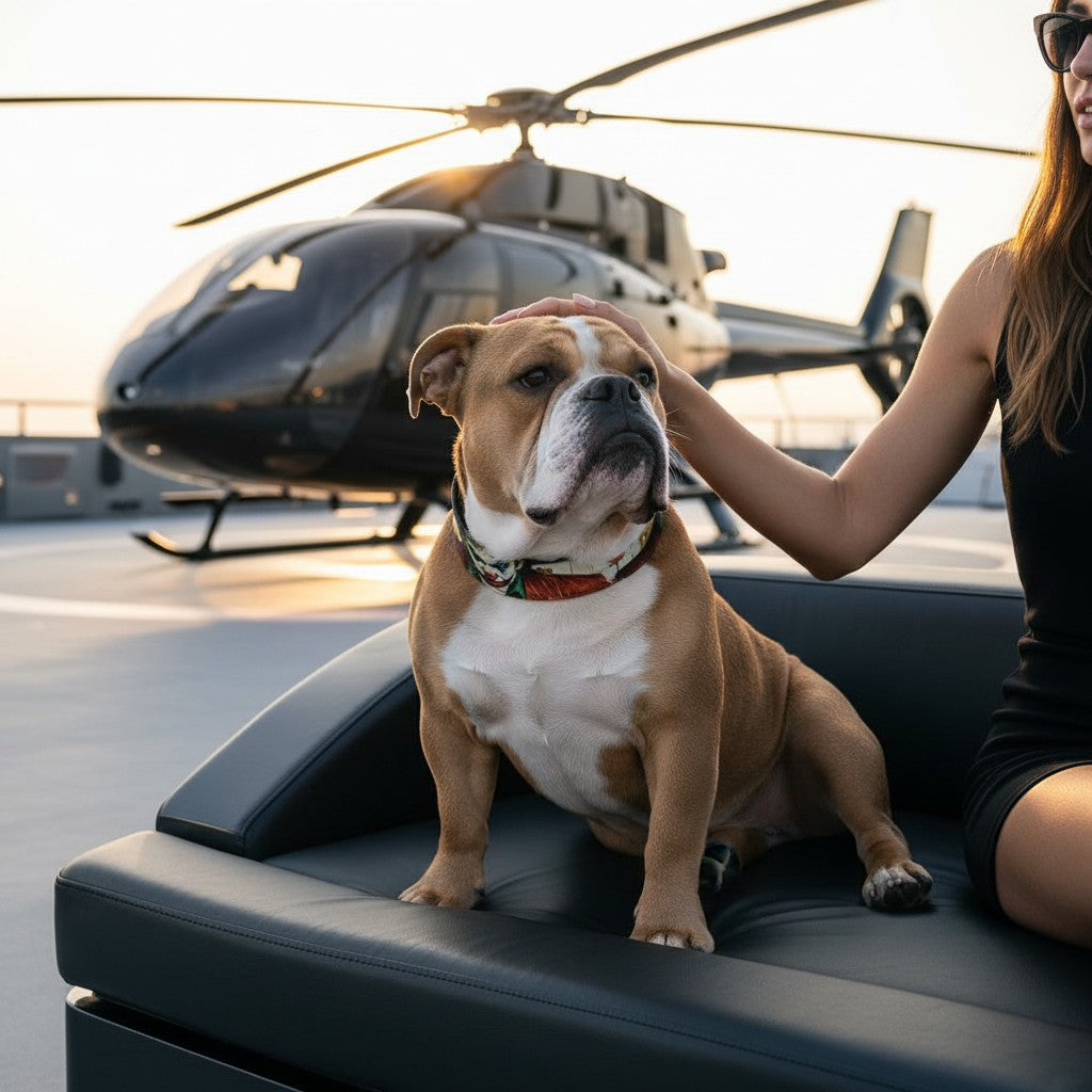 Collier pour chien MITZON inspiré du Joker en cuir véritable avec rembourrage, porté par un bouledogue près d'un hélicoptère.