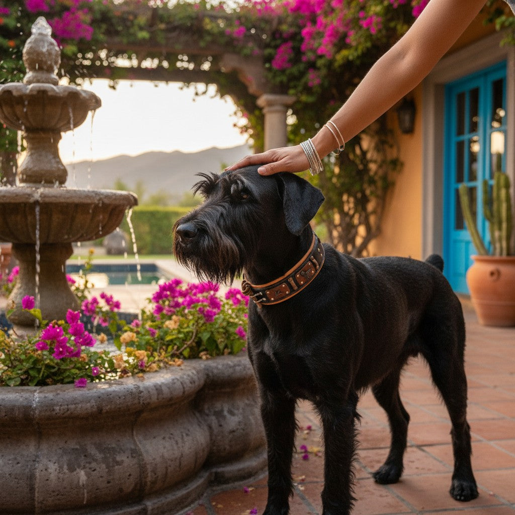 Chien noir portant un collier en cuir MITZON avec rivets en laiton et nœud décoratif dans un jardin ensoleillé