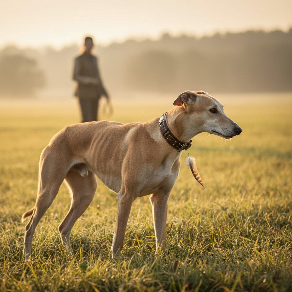 Collier pour chien MITZON Hunter en cuir marron avec rivets en laiton et rembourrage velours sur un lévrier dans un champ