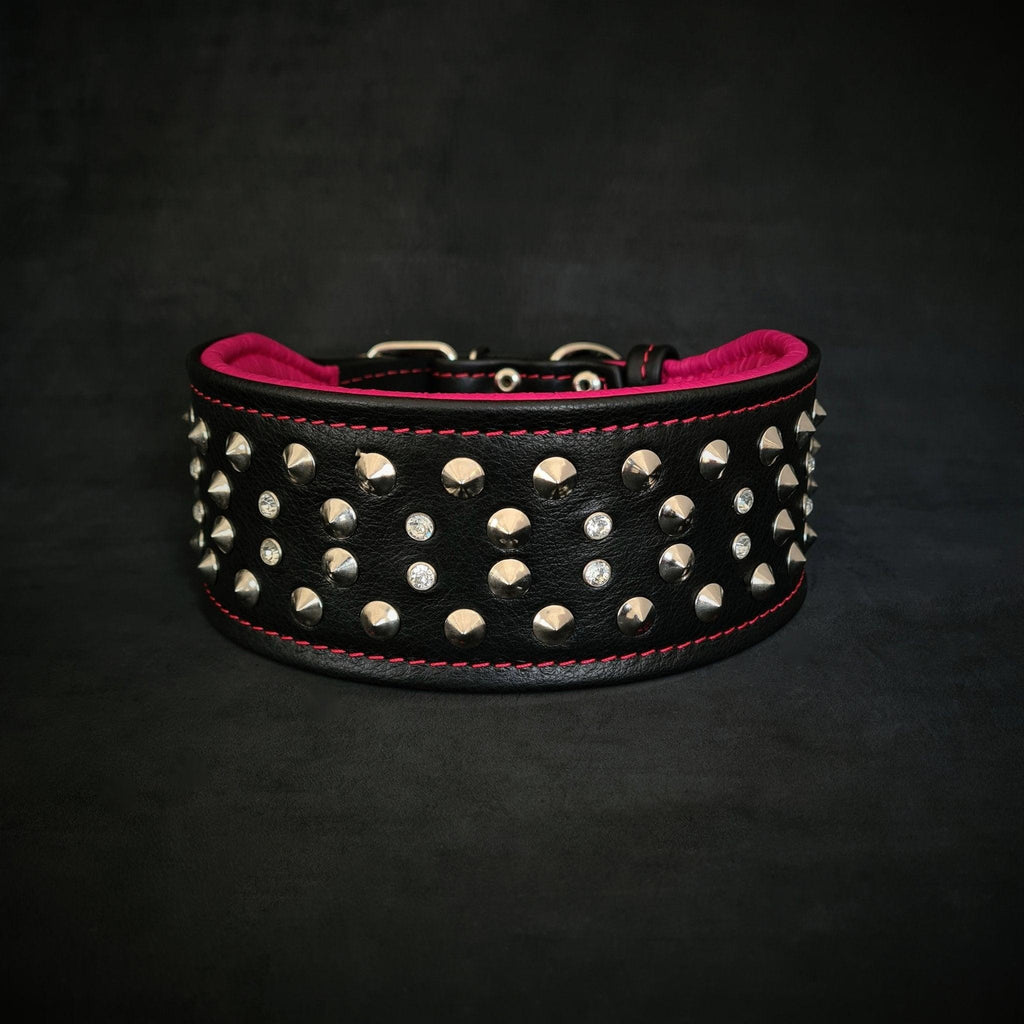 Collier pour chien MITZON Crystal en cuir noir et rose avec clous argentés et cristaux, rembourrage orthopédique