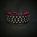 Collier pour chien MITZON Crystal en cuir noir et rose avec clous argentés et cristaux, rembourrage orthopédique