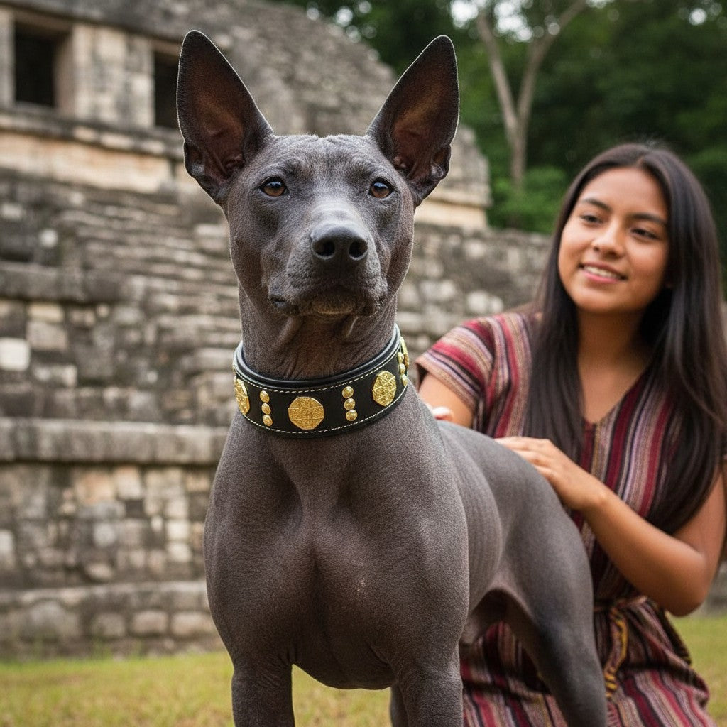 Collier pour chien MITZON Maximus en cuir noir avec décorations dorées, porté par un chien nu devant une pyramide maya