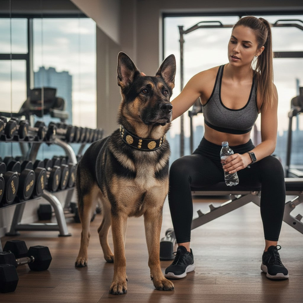 Collier pour chien MITZON Maximus en cuir noir avec décorations dorées porté par un Berger Allemand dans une salle de sport