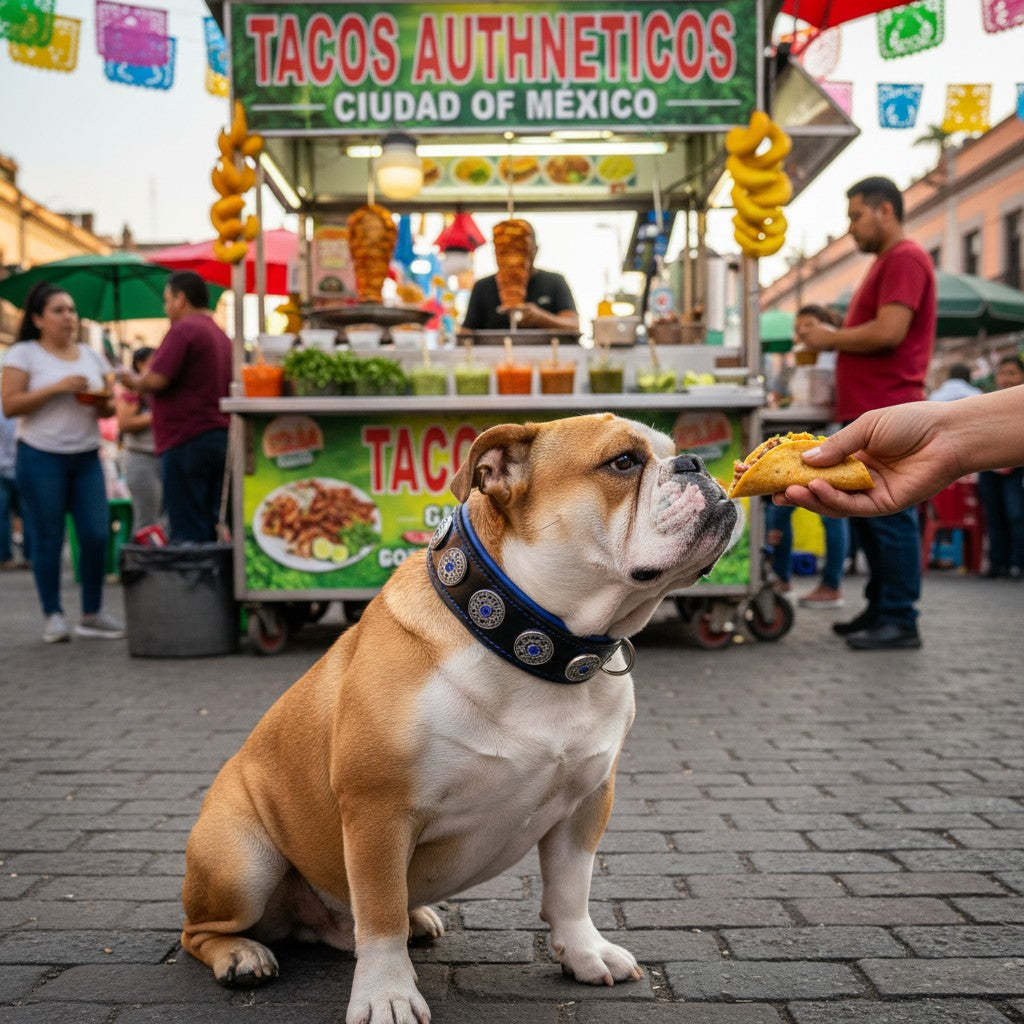 Bouledogue anglais portant un collier MITZON Bijou en cuir noir avec strass bleus devant un stand de tacos