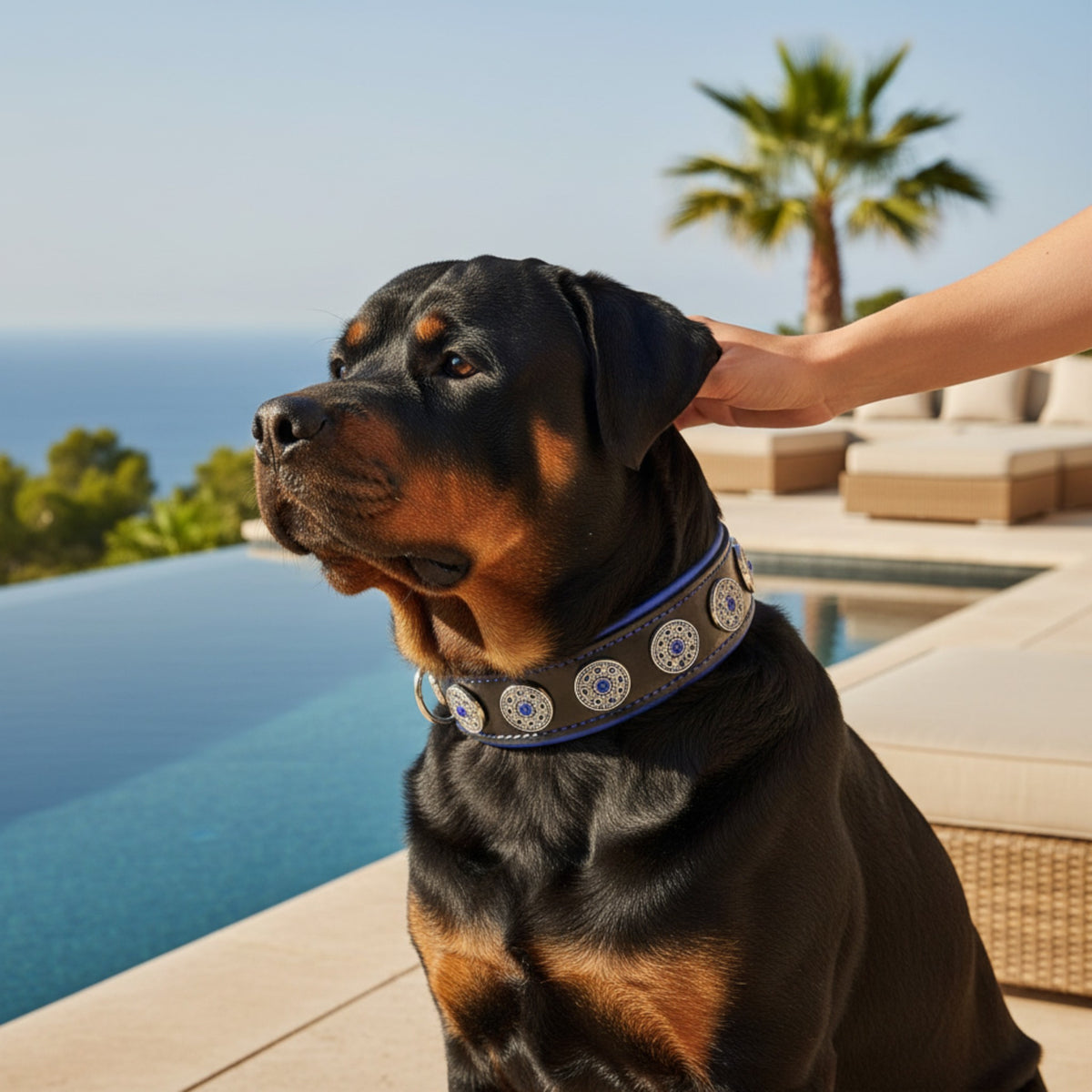 Collier pour chien MITZON Bijou en cuir noir avec rivets argentés et strass bleus, porté par un Rottweiler.