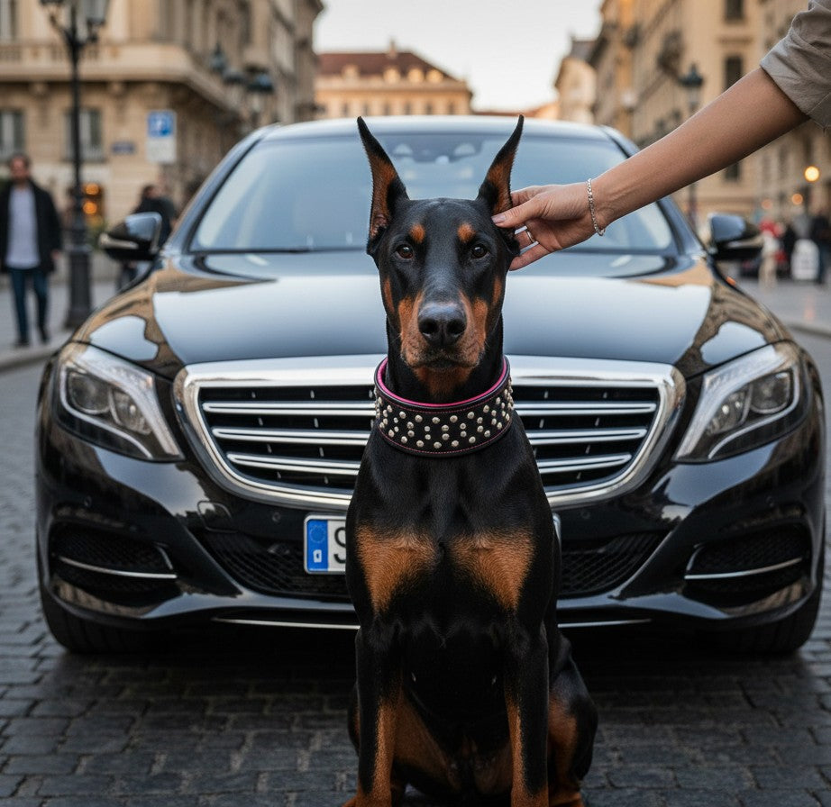Collier pour chien MITZON Crystal en cuir noir large et rembourré avec clous décoratifs porté par un Doberman