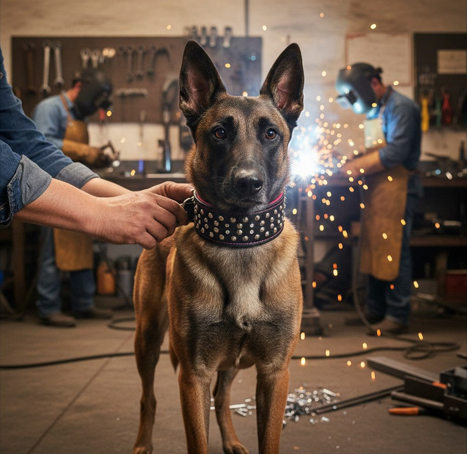 Collier pour chien MITZON Crystal en cuir noir avec rembourrage doux et clous décoratifs sur un Malinois en atelier