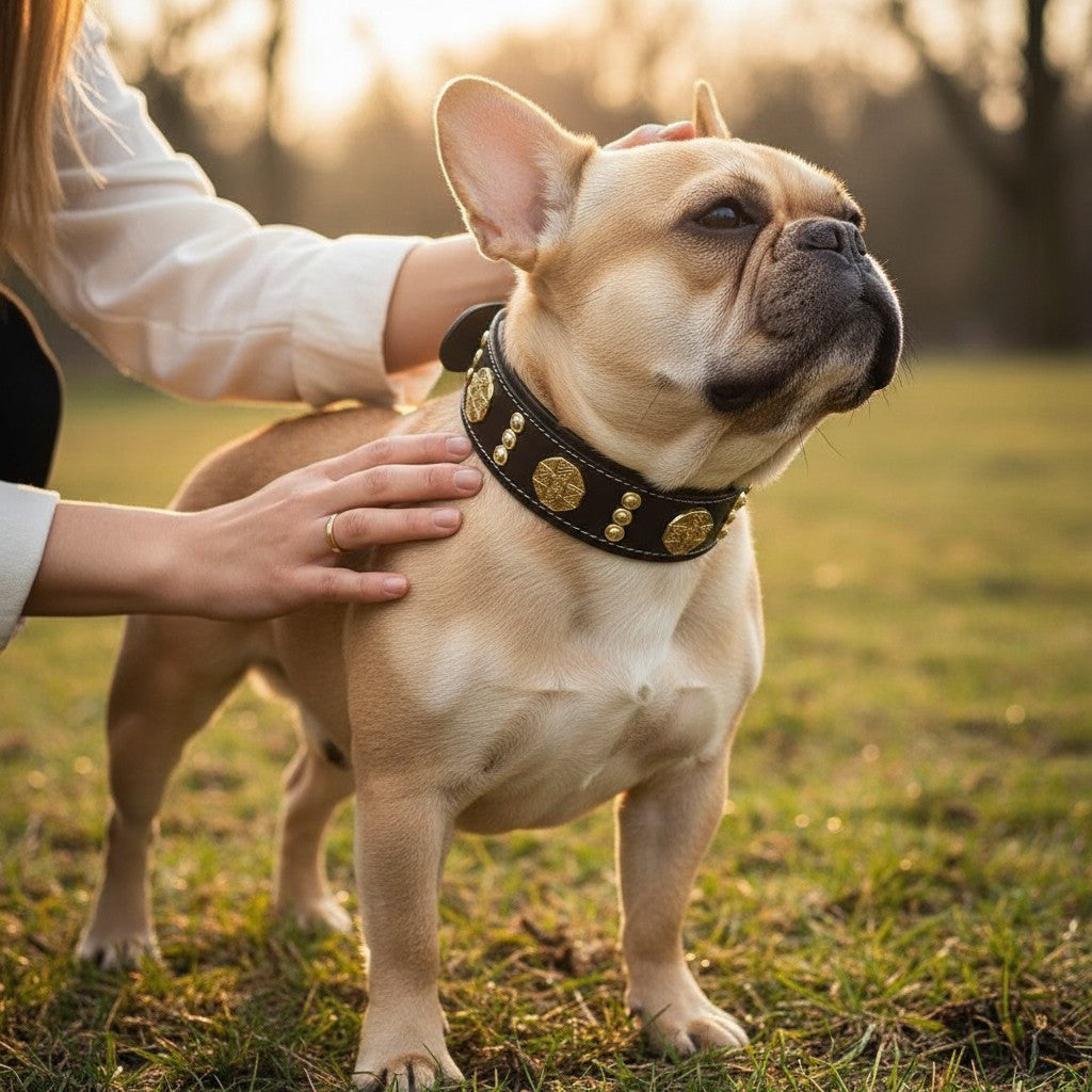 Collier pour chien MITZON Maximus en cuir noir avec décorations dorées porté par un bouledogue français dans un parc