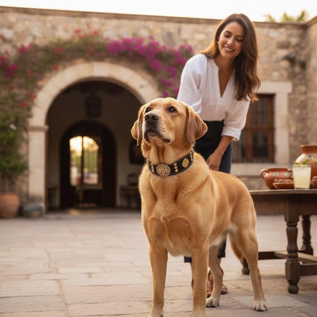 Collier pour chien MITZON Maximus en cuir noir avec décorations dorées porté par un labrador dans une cour en pierre
