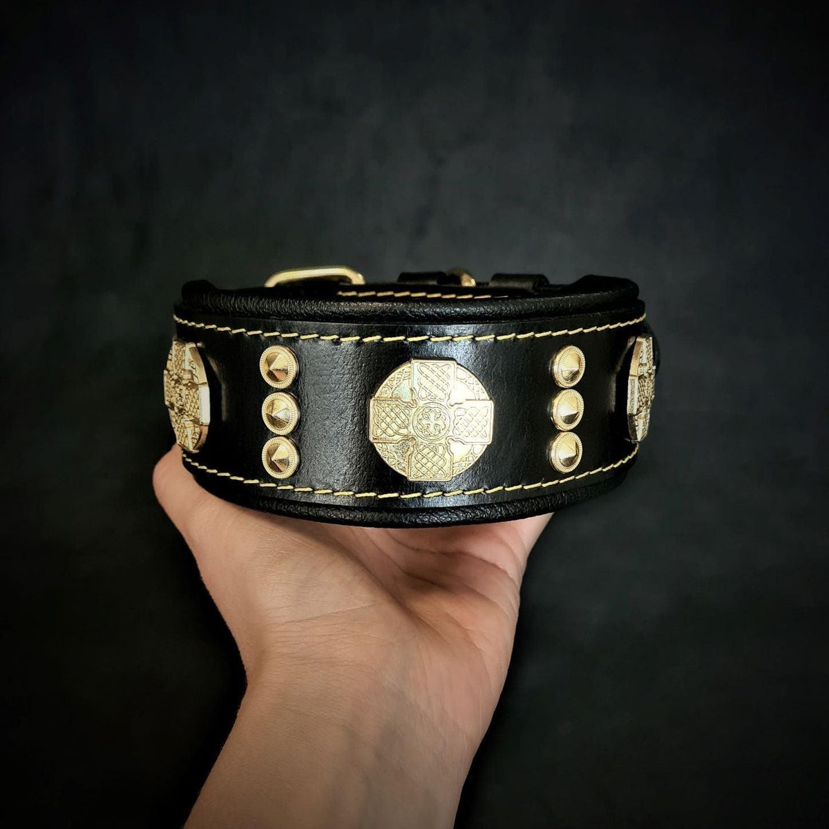 Collier pour chien MITZON Maximus en cuir noir avec décorations dorées et rembourrage confortable