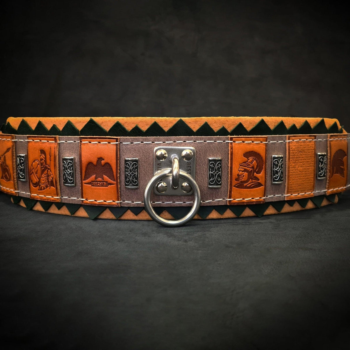Collier pour chien MITZON SPQR en cuir italien marron avec motifs romains gravés et bouclerie en acier nickelé
