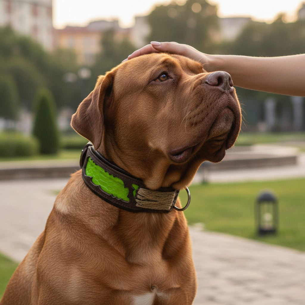 Collar Venom MITZON cuero genuino motivo serpiente verde y relleno cómodo - dogo