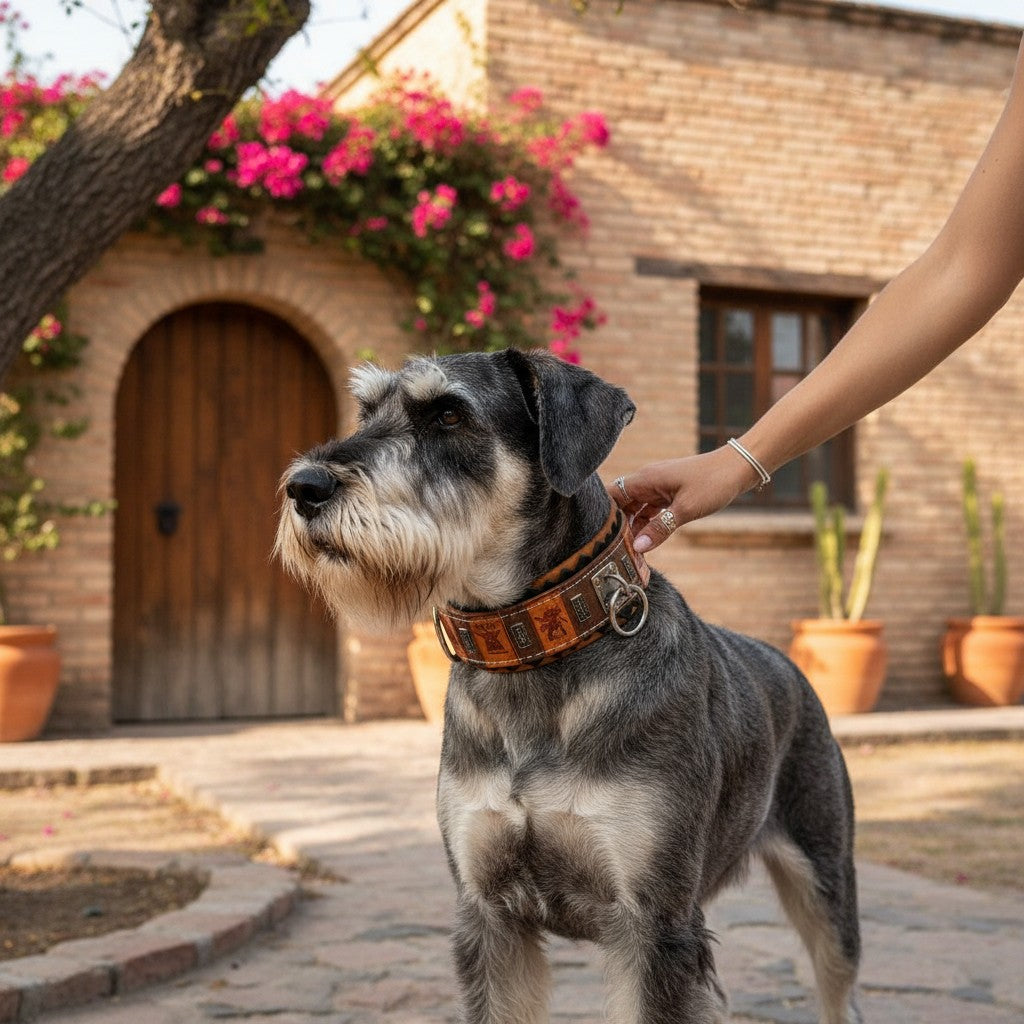 Collier pour chien MITZON SPQR en cuir italien marron avec motifs romains et boucle robuste, porté par un schnauzer.