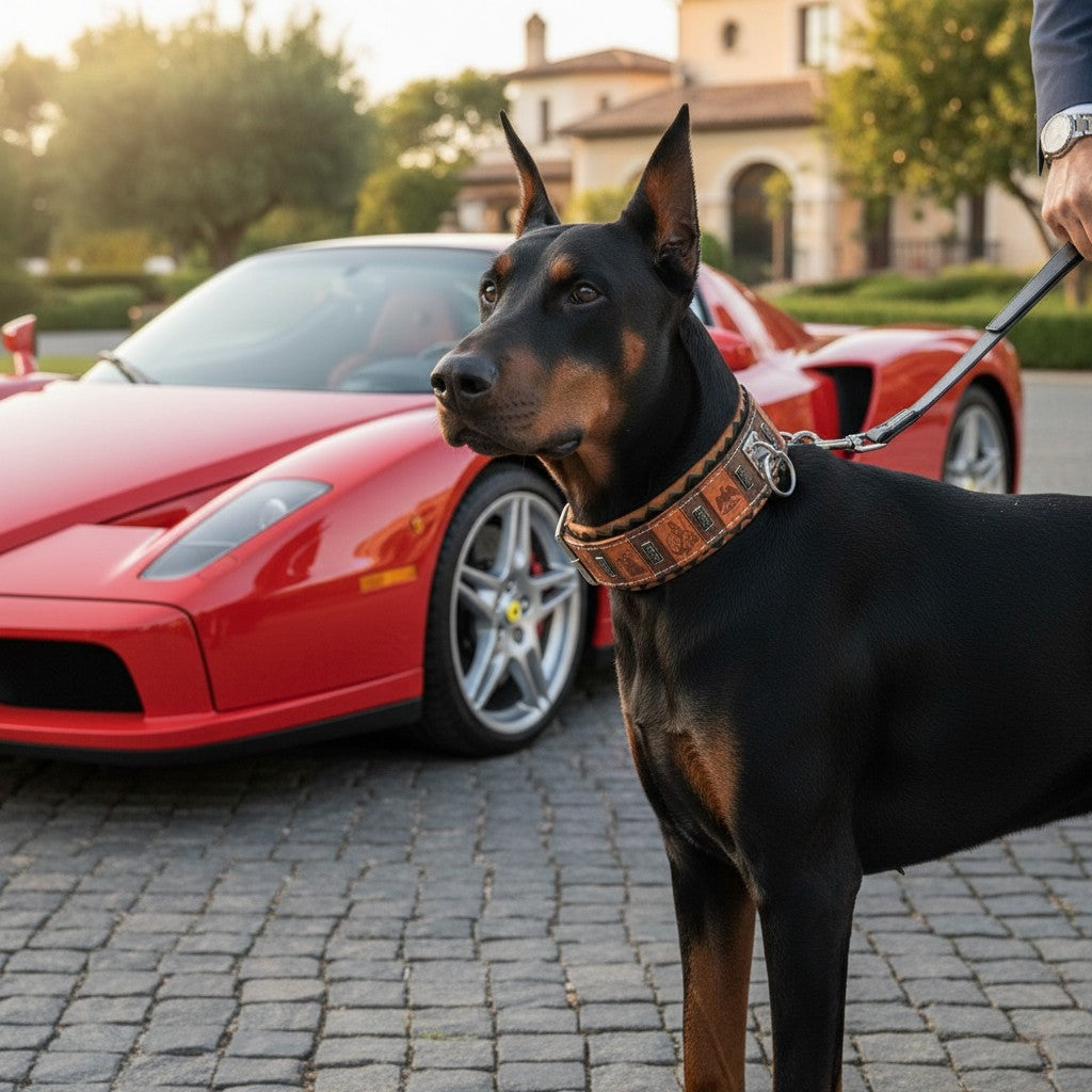 Collier pour chien MITZON SPQR en cuir italien marron large avec motifs romains, porté par un Doberman devant une voiture