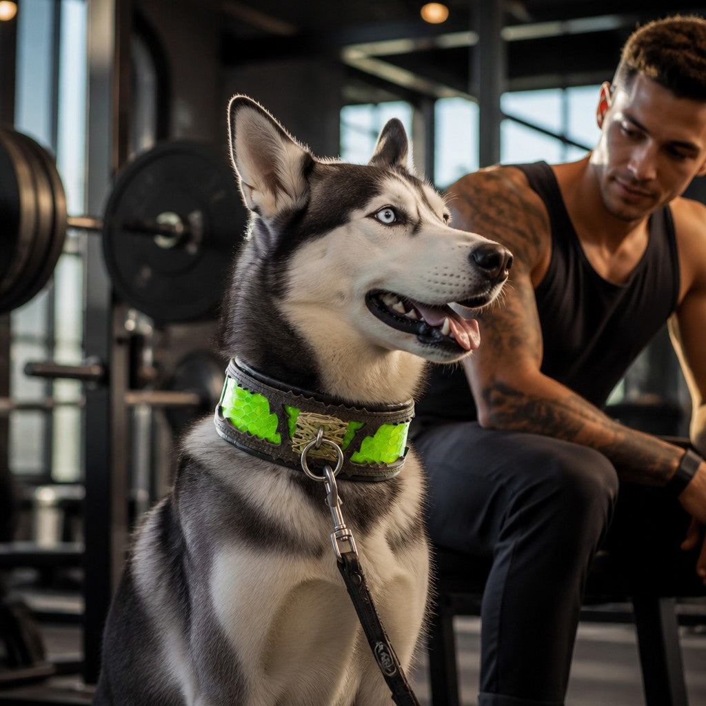 Collar Venom MITZON cuero genuino motivo serpiente verde fluorescente - husky en gimnasio