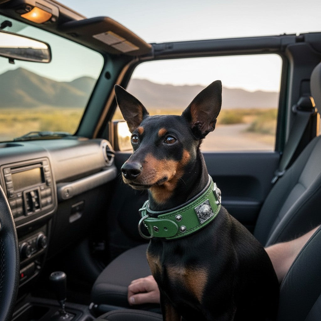Chien portant le collier en cuir vert MITZON Eros avec rivets décoratifs et rembourrage orthopédique dans une voiture
