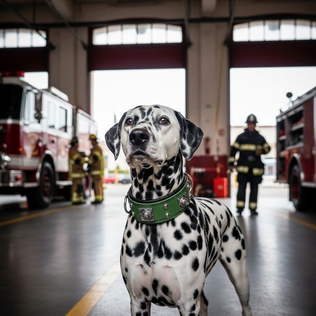 Chien dalmatien portant un collier en cuir vert MITZON Eros avec rivets décoratifs dans une caserne de pompiers