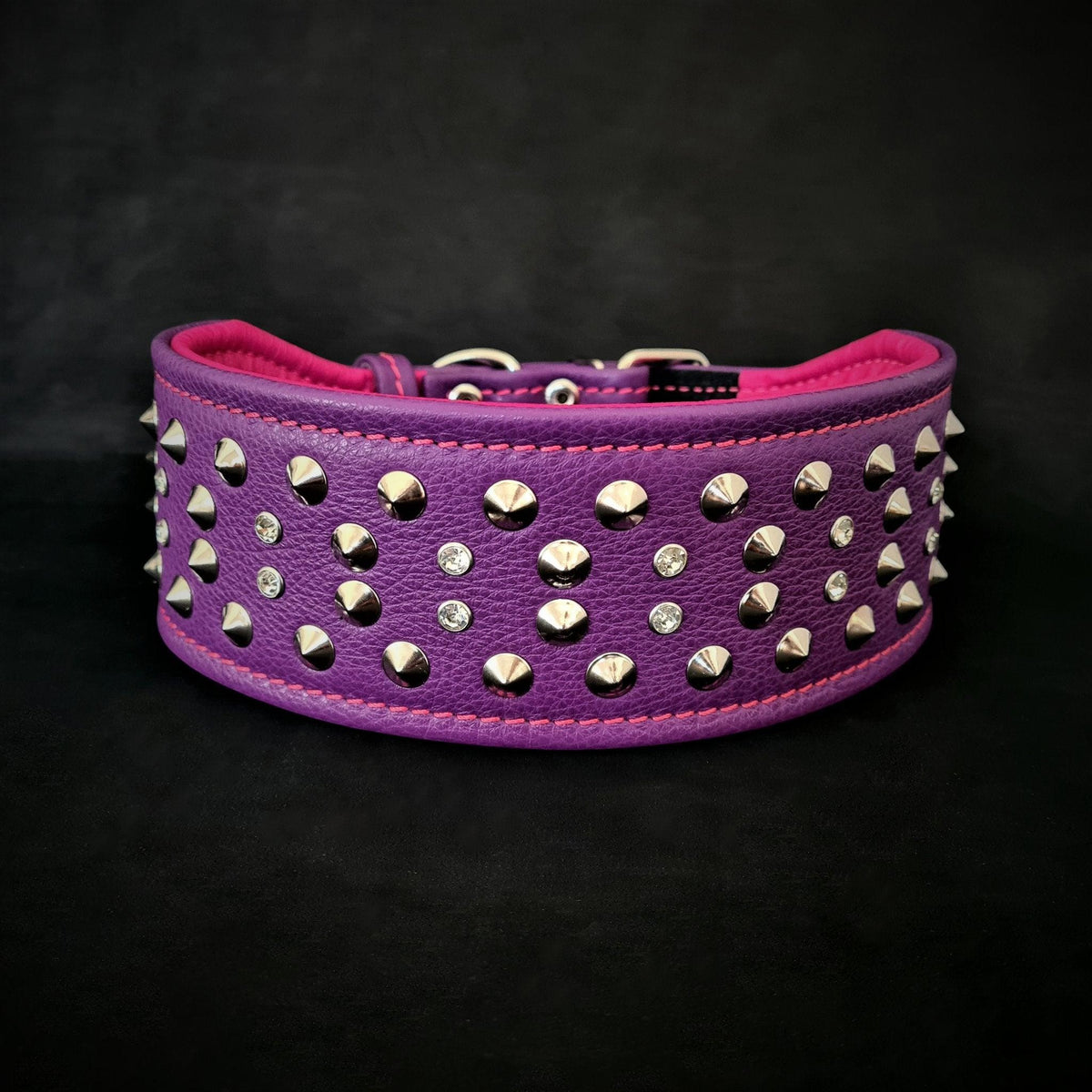 Collier pour chien MITZON Crystal violet en cuir véritable avec clous métalliques et cristaux, large et rembourré