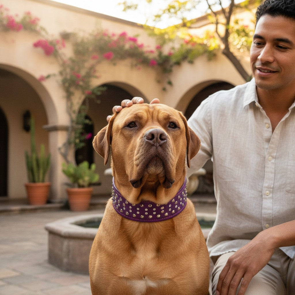 Collier pour chien MITZON Crystal violet en cuir souple avec clous argentés porté par un grand chien