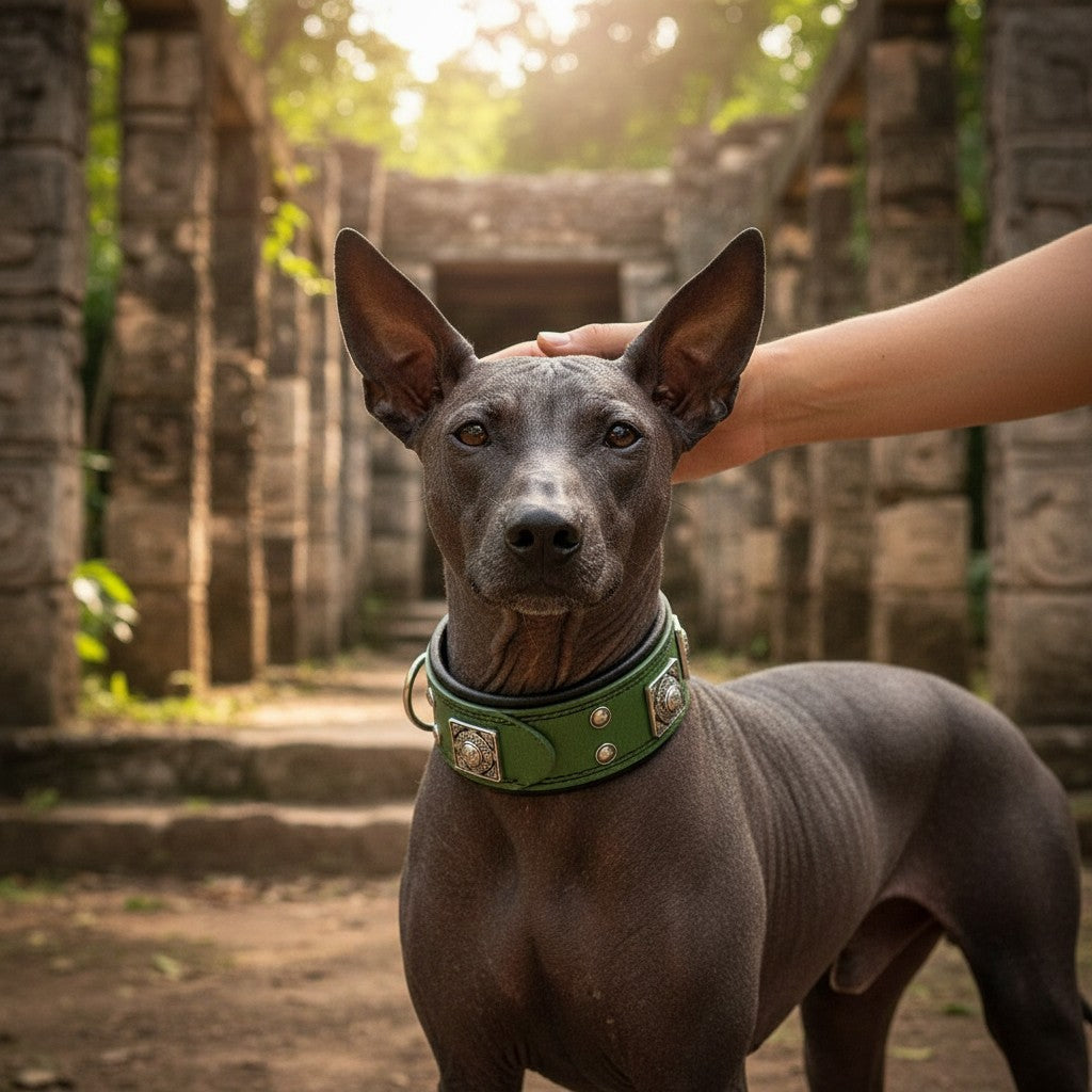 Collier pour chien MITZON Eros vert en cuir avec rivets décoratifs et rembourrage orthopédique sur un chien sans poil