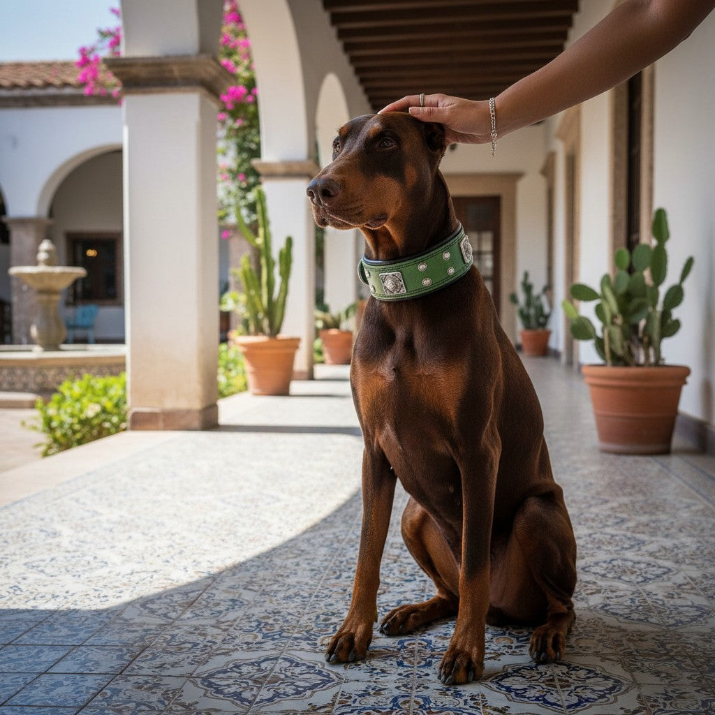 Collier pour chien MITZON Eros vert en cuir avec rivets décoratifs et rembourrage orthopédique sur un Doberman