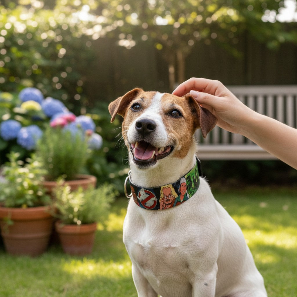 Collier pour chien MITZON Ghosts en biothane imperméable avec motif Halloween, porté par un Jack Russell dans un jardin.