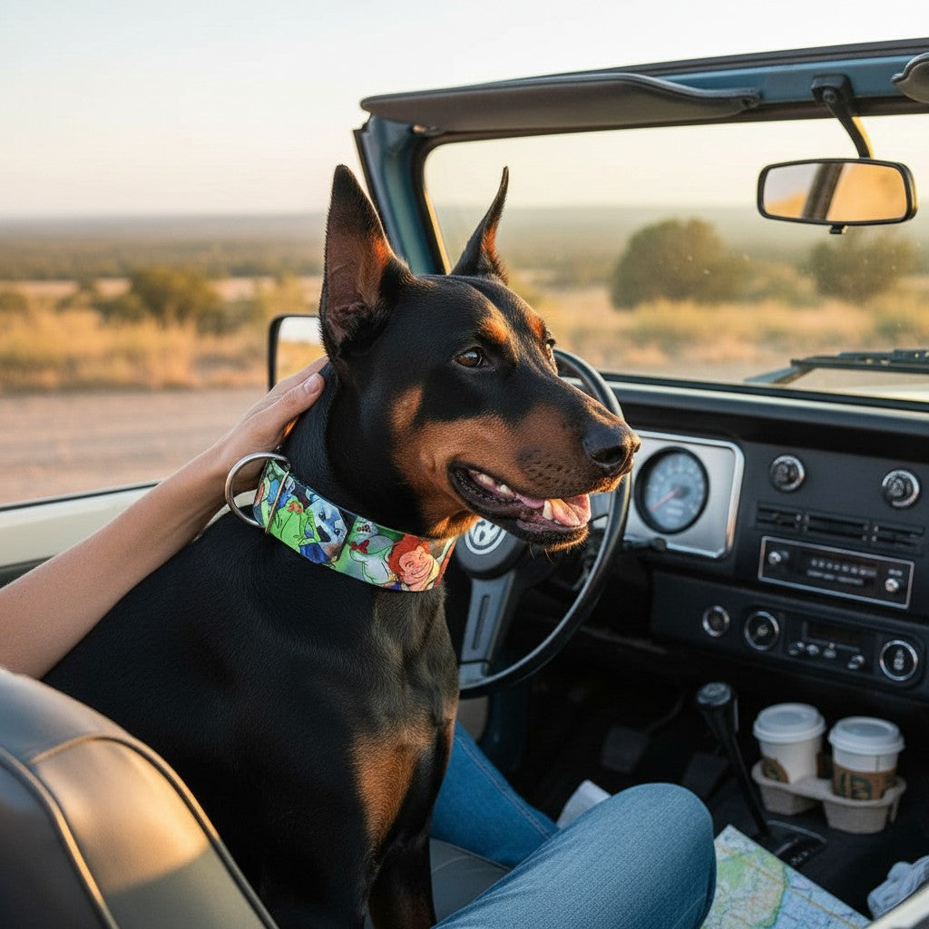 Collier pour chien MITZON Ghosts en biothane imperméable avec motif Halloween porté par un Doberman dans une voiture