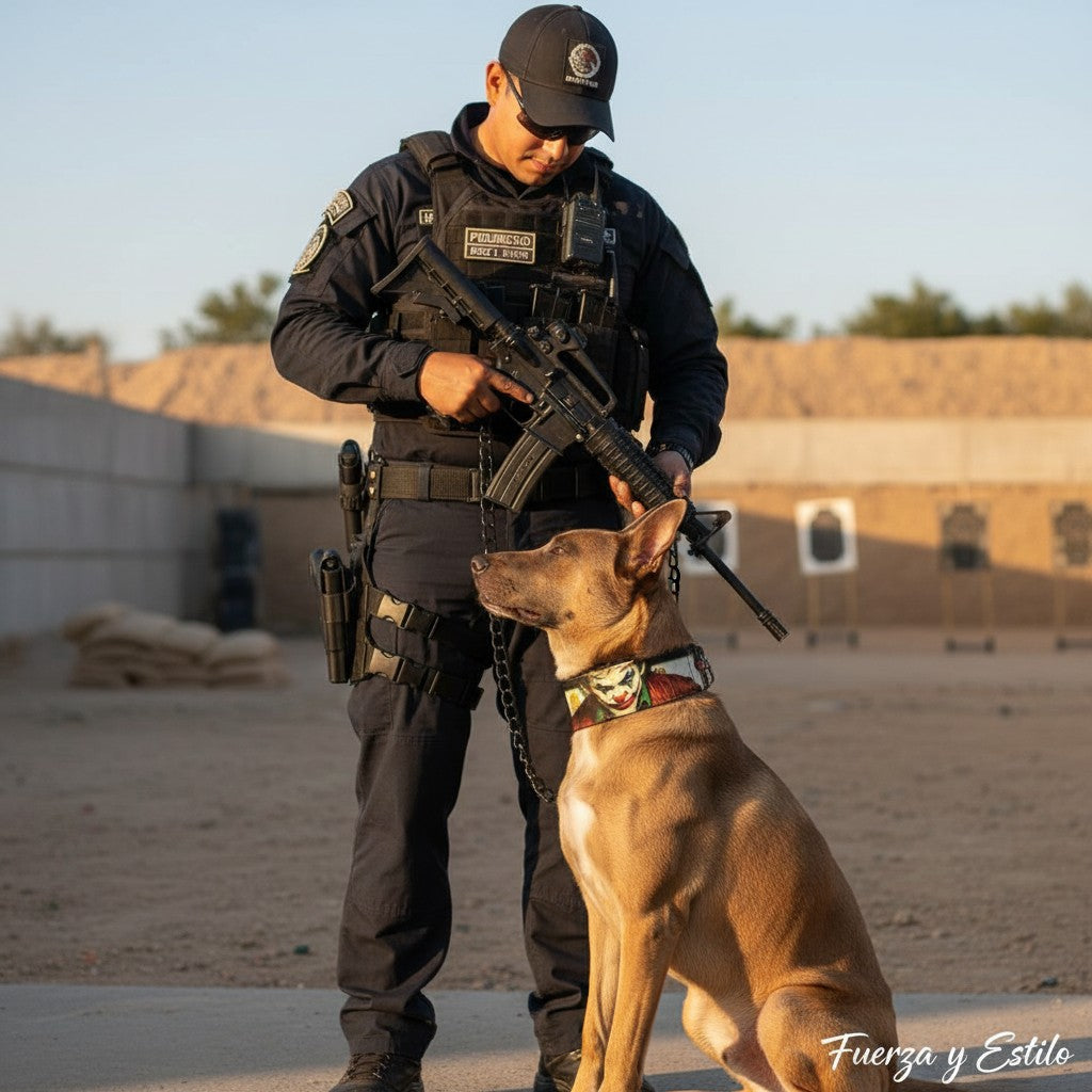 Chien portant un collier en cuir MITZON inspiré du Joker, avec un officier en uniforme sur un champ de tir.