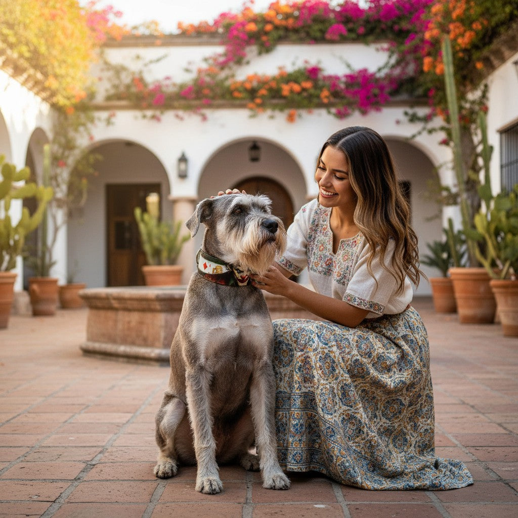 Femme caressant son chien portant le collier MITZON Joker en cuir véritable dans une cour ensoleillée
