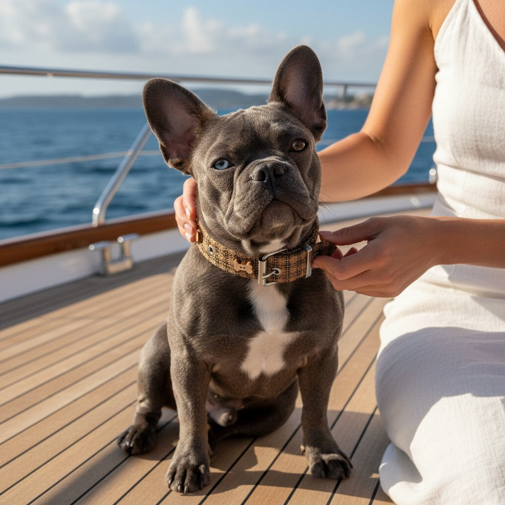 Bouledogue français portant un collier en tweed MITZON avec ornements sur un pont de bateau ensoleillé