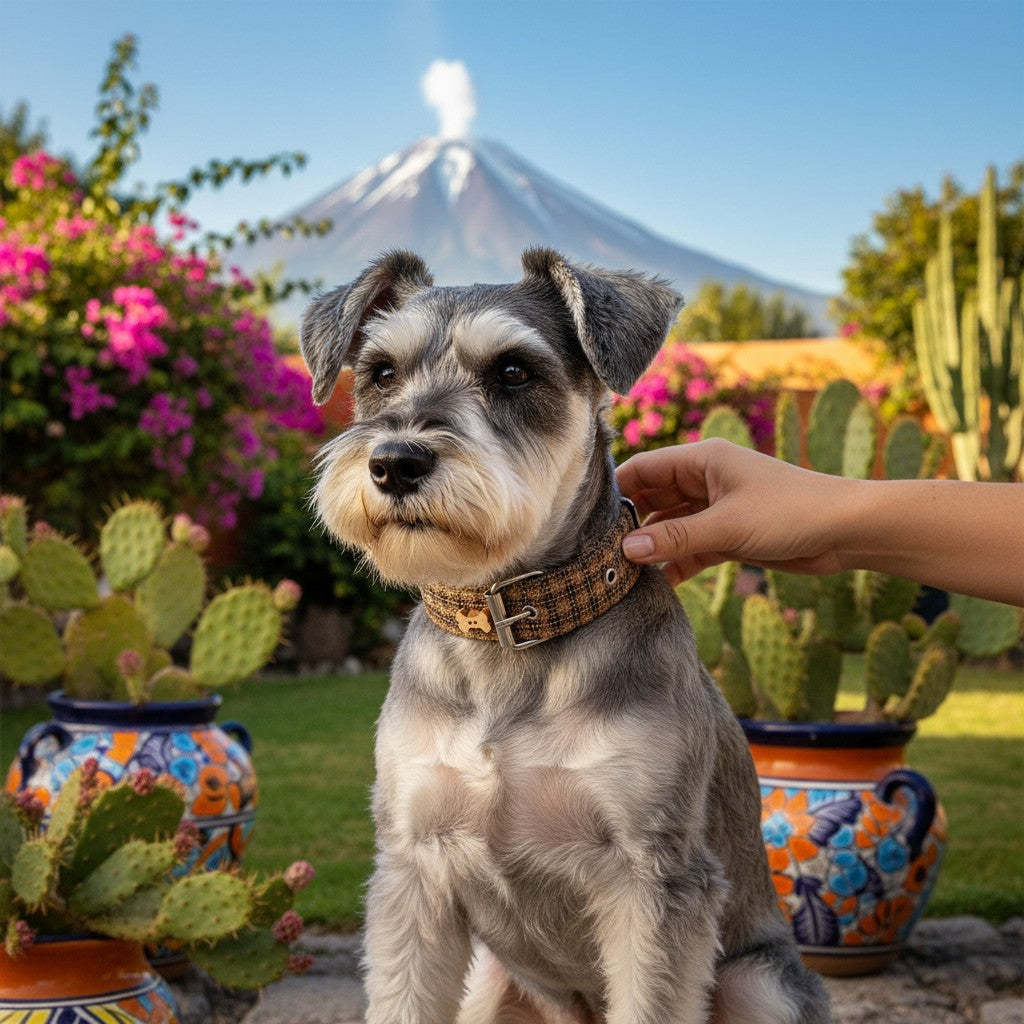 Chien Schnauzer portant un collier en tweed MITZON avec des ornements, dans un jardin avec cactus et volcan en fond.