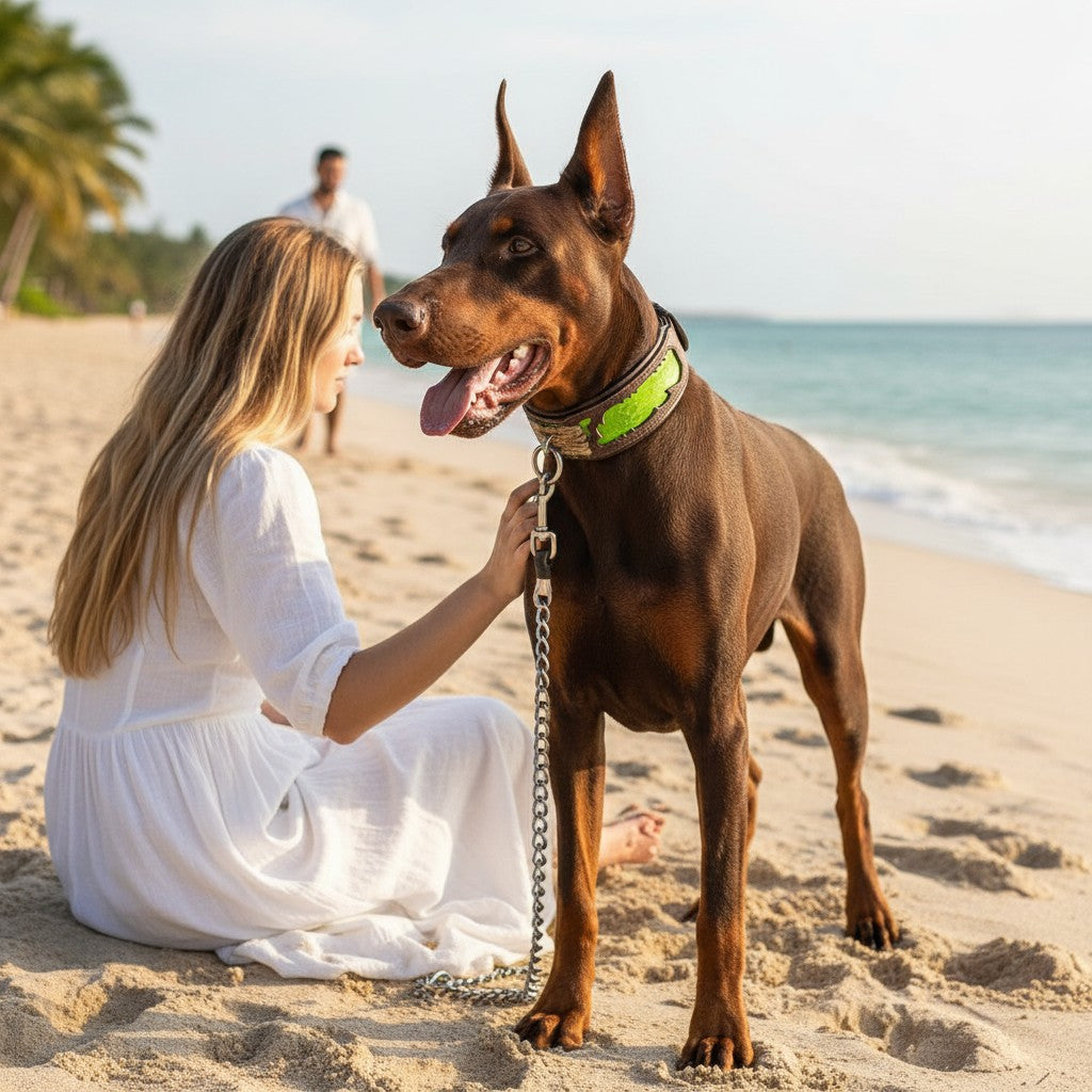 Collar Venom MITZON cuero genuino imprimé serpiente - doberman en playa soleada