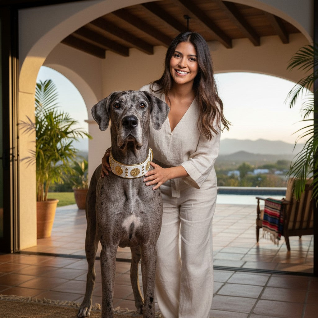 Femme souriante avec un Grand Danois portant le collier MITZON Maximus en cuir blanc et détails dorés sur une terrasse