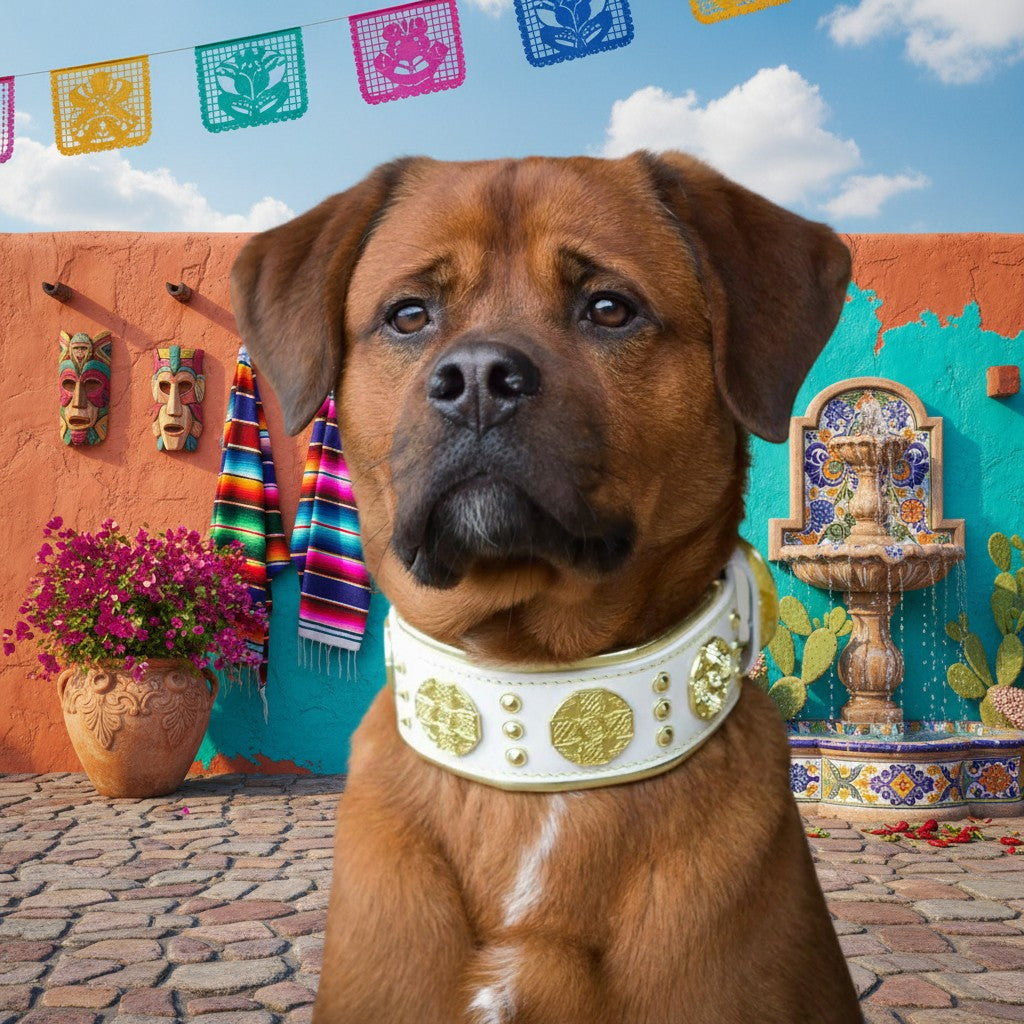 Chien portant le collier MITZON Maximus en cuir blanc et détails dorés, large et rembourré, dans un décor extérieur.