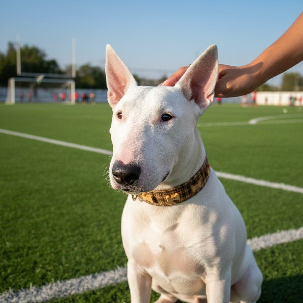 Chien Bull Terrier blanc portant un collier en tweed MITZON orné de détails sur un terrain de sport en extérieur