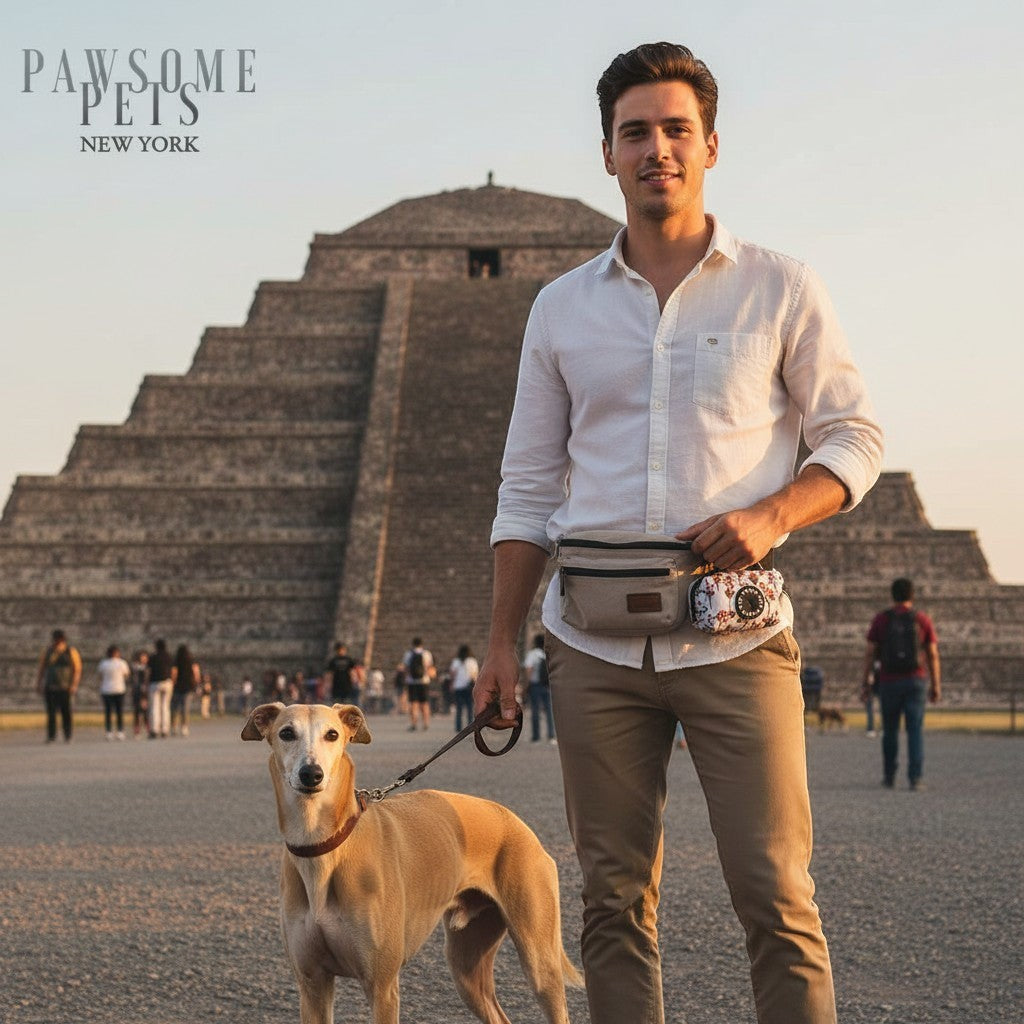 Homme avec son chien devant une pyramide portant un distributeur de sacs MITZON à motif floral blanc