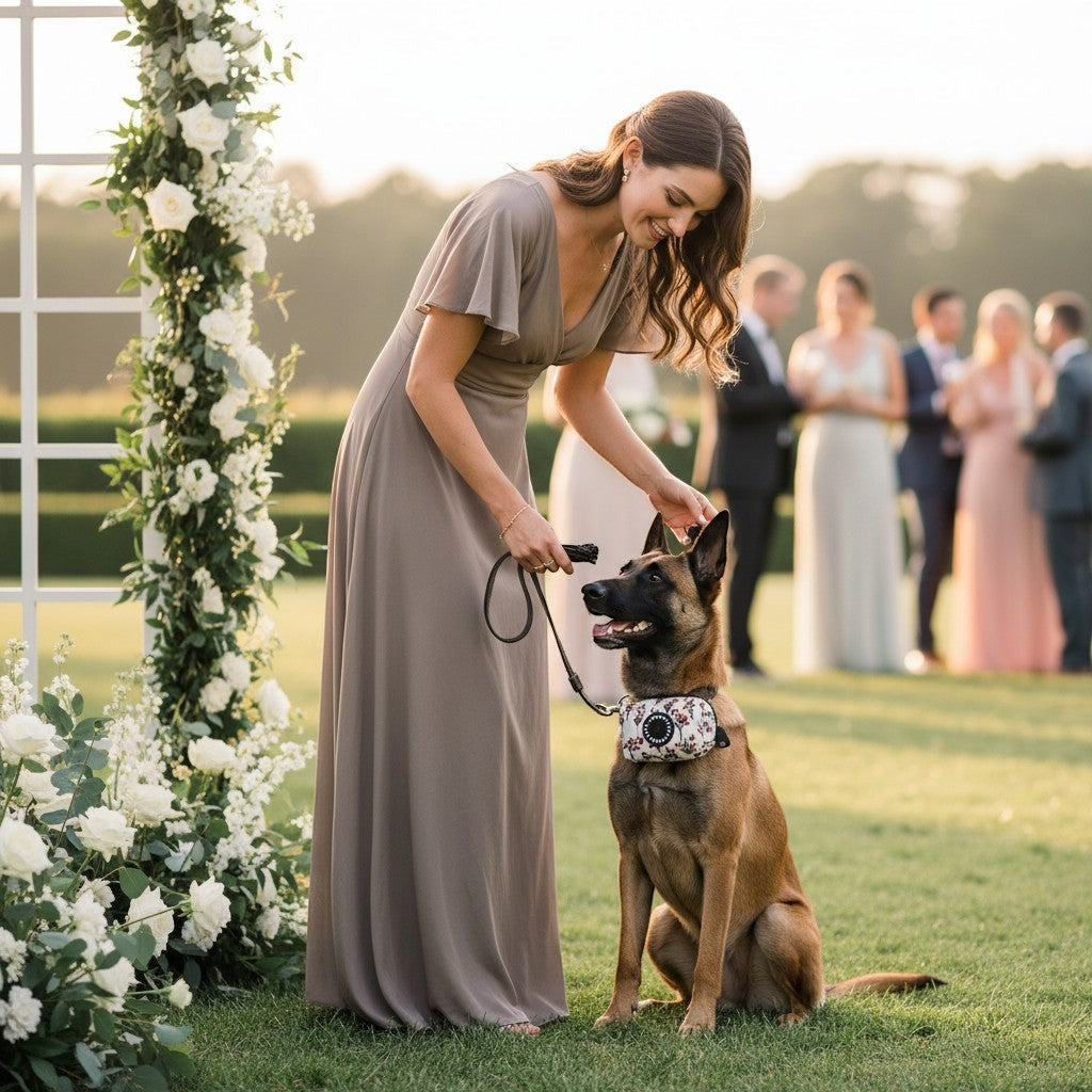 Distributeur de sacs MITZON à motif floral attaché à la laisse d'un chien lors d'une cérémonie en plein air