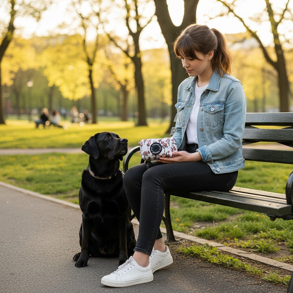 Femme assise sur un banc avec son chien, tenant un distributeur de sacs MITZON à motif floral blanc et rouge.