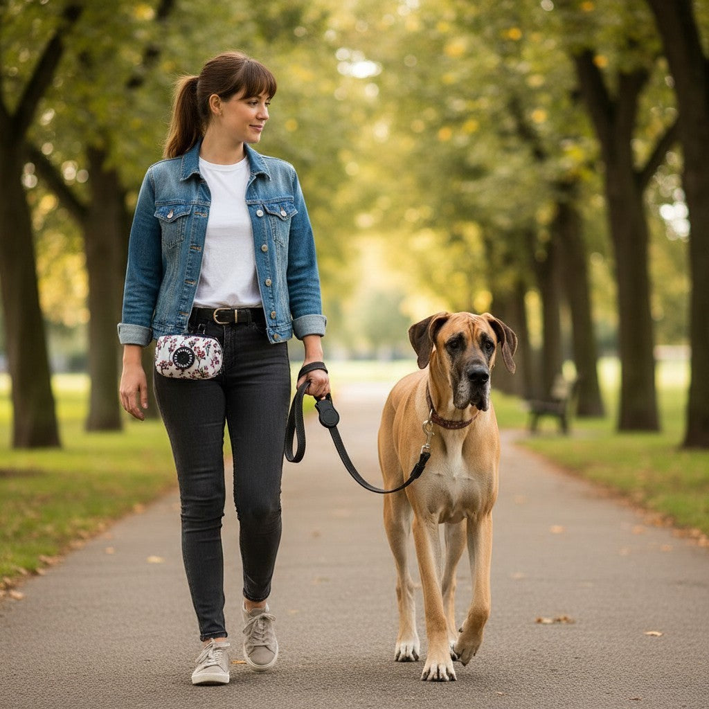 Femme promenant son chien dans un parc avec le distributeur de sacs MITZON à motif floral attaché à sa ceinture