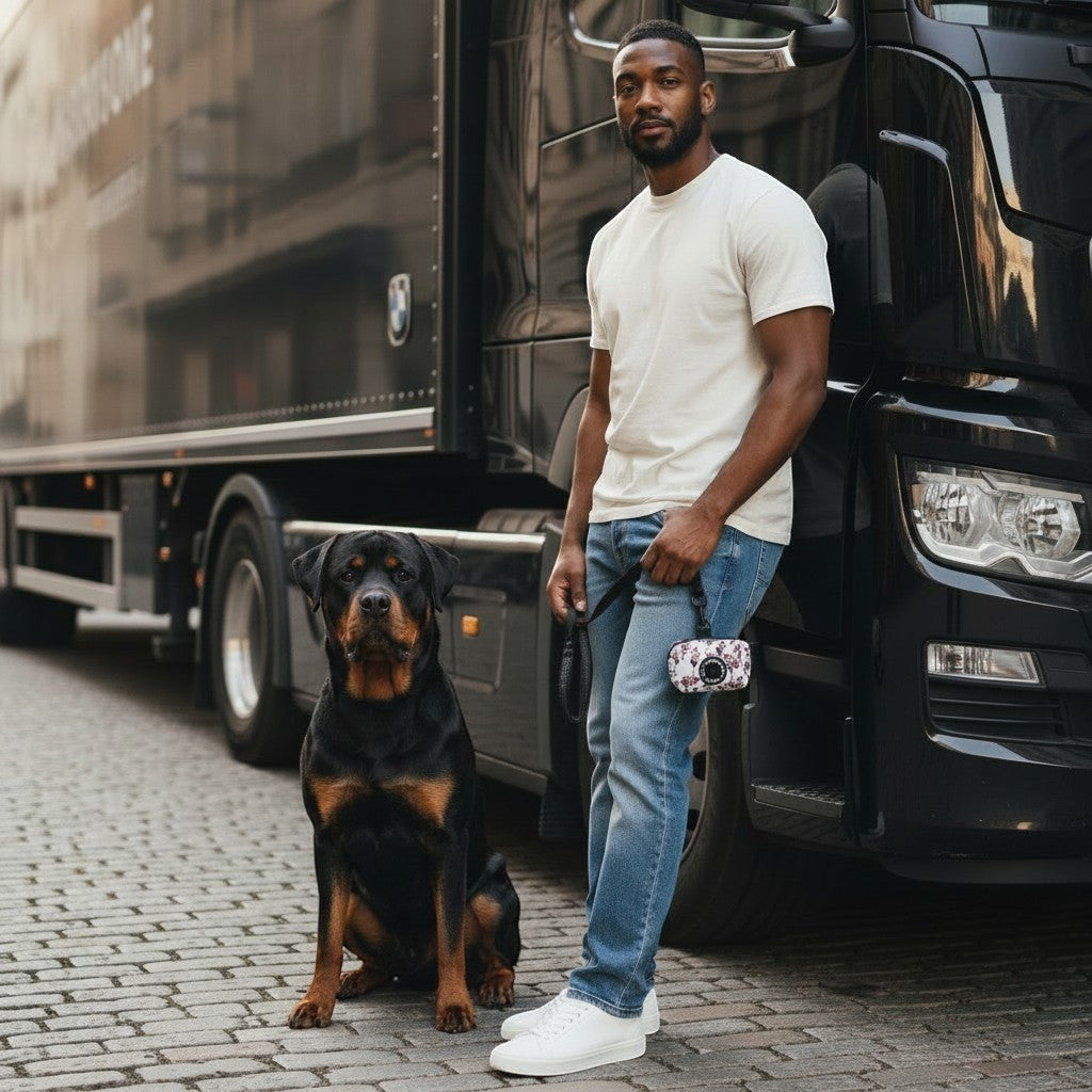 Distributeur de sacs MITZON à motif floral attaché à la laisse d'un homme avec son chien devant un camion noir