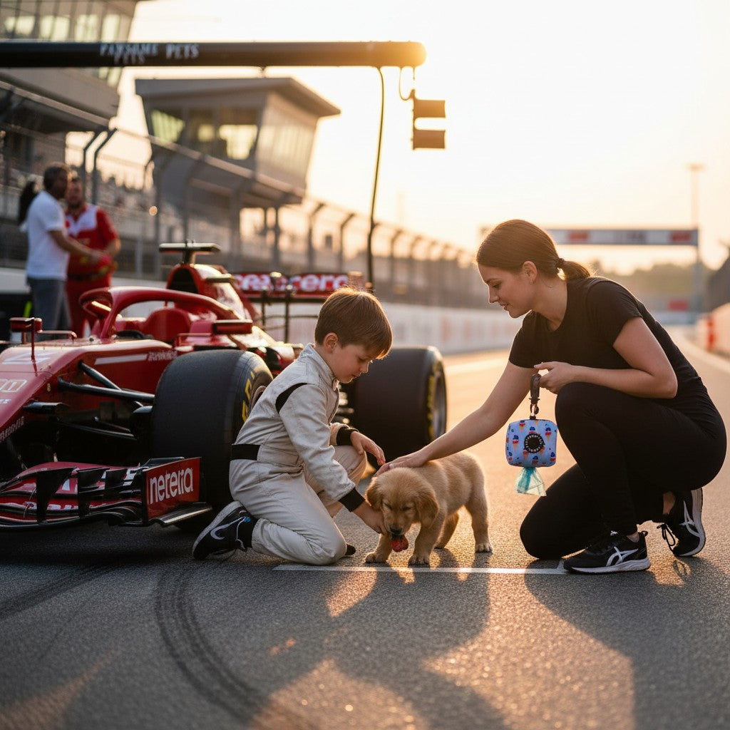 Distributeur de sacs à déjections MITZON en néoprène bleu avec motif glace sur un circuit de course automobile