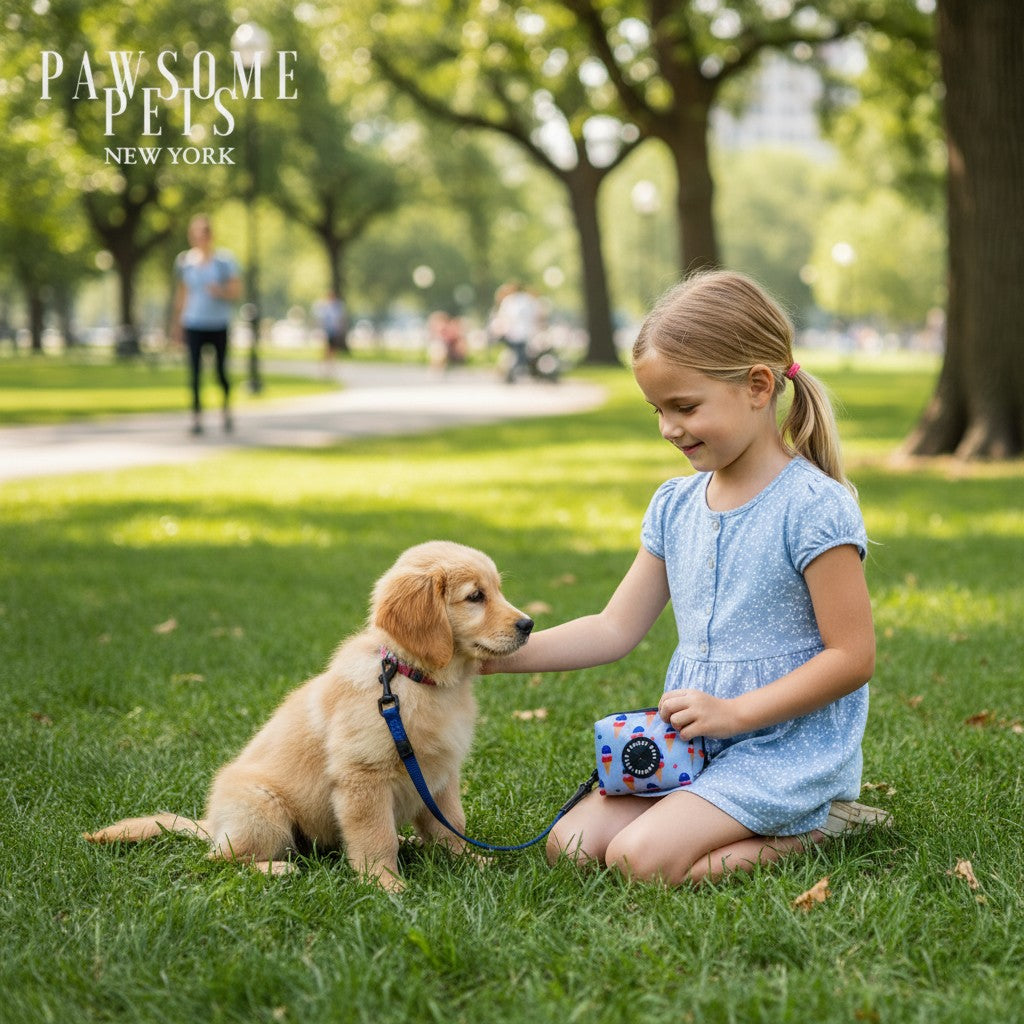 Distributeur de sacs à déjections MITZON en néoprène avec motif glace, attaché à la laisse d'un chiot dans un parc.