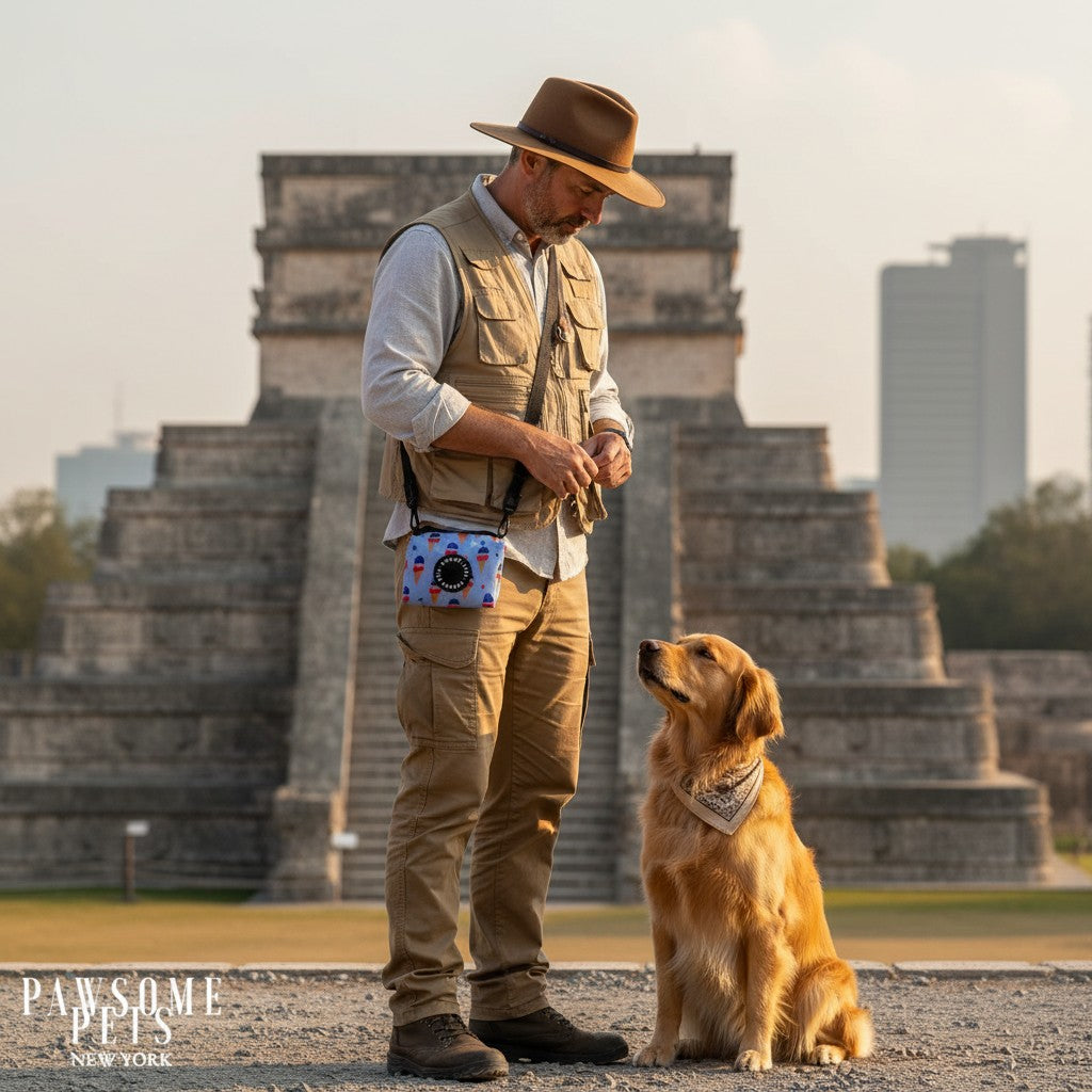 Distributeur de sacs à déjections MITZON en néoprène avec motif glace, porté par un homme avec son chien devant une pyramide