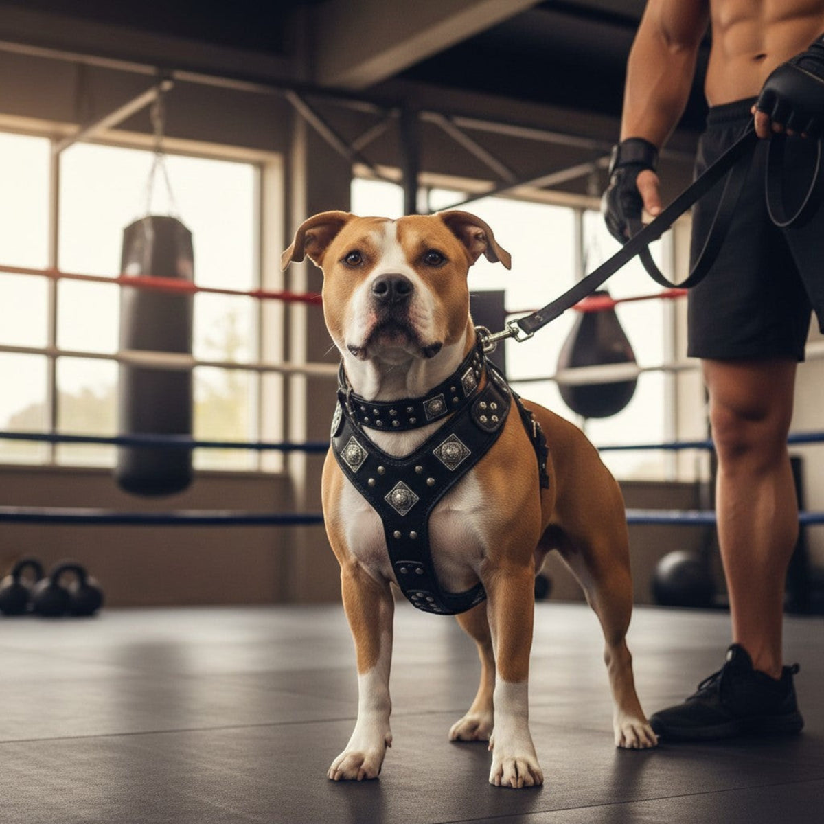 Ensemble MITZON Eros en cuir noir pour grand chien avec harnais, collier et laisse cloutés dans une salle de sport